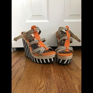 Navy, white and orange wedge sandal